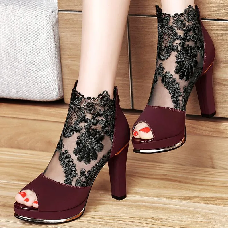 Women's High Quality Sexy Lace Dress High Heel Sandals Shoes