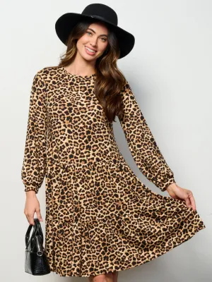 WOMEN'S LONG SLEEVE TIERED LEOPARD PRINT MINI DRESS