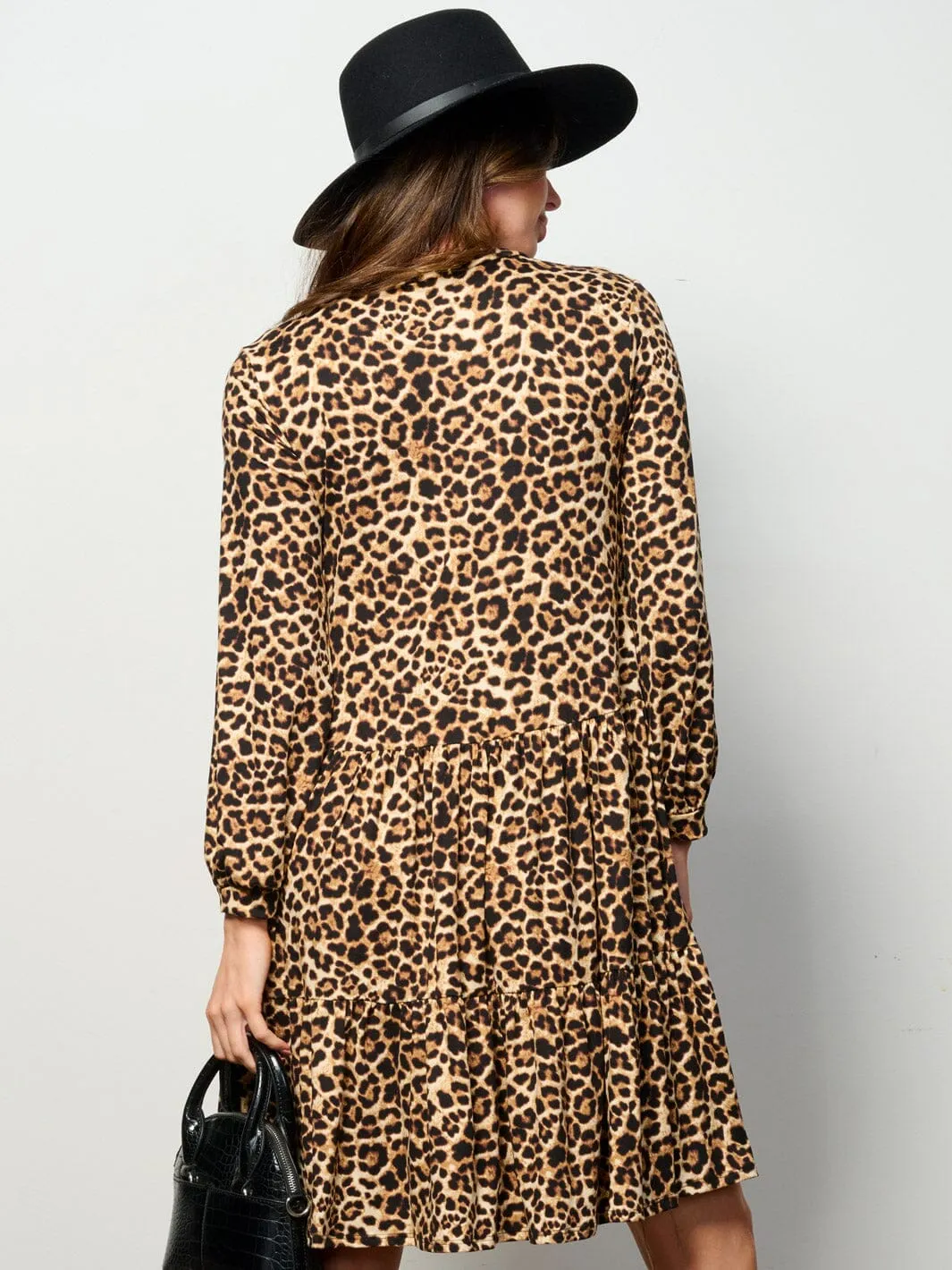 WOMEN'S LONG SLEEVE TIERED LEOPARD PRINT MINI DRESS