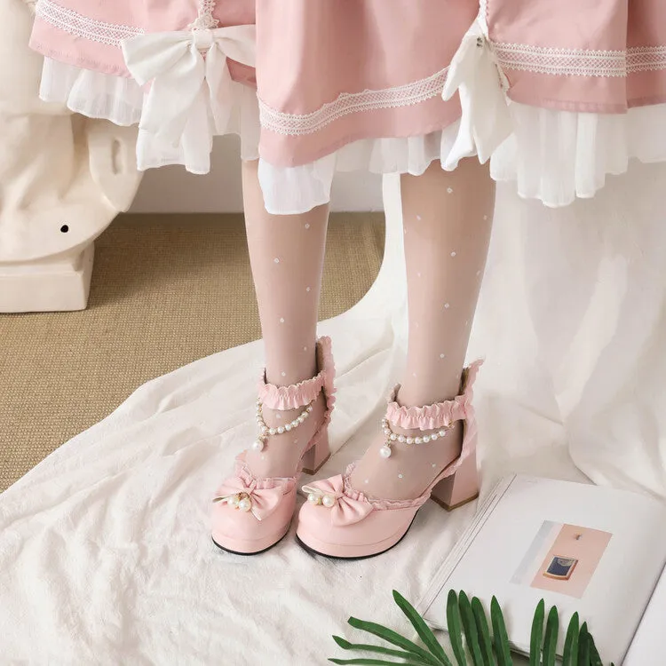 Women's Pearls Bow Tie Ankle Strap Block Heel Platform Sandals