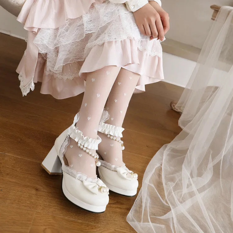 Women's Pearls Bow Tie Ankle Strap Block Heel Platform Sandals