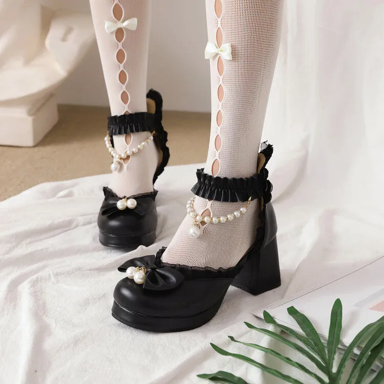Women's Pearls Bow Tie Ankle Strap Block Heel Platform Sandals