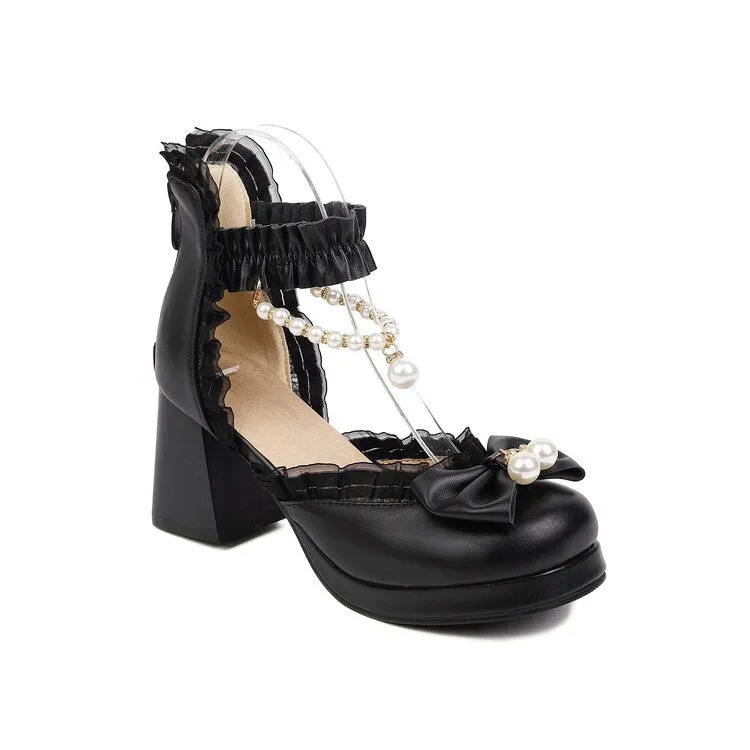 Women's Pearls Bow Tie Ankle Strap Block Heel Platform Sandals