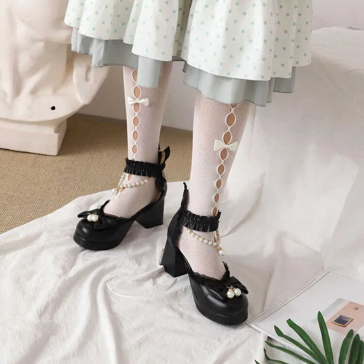 Women's Pearls Bow Tie Ankle Strap Block Heel Platform Sandals