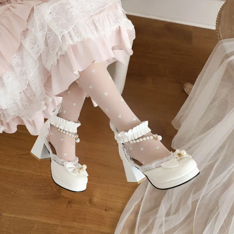 Women's Pearls Bow Tie Ankle Strap Block Heel Platform Sandals