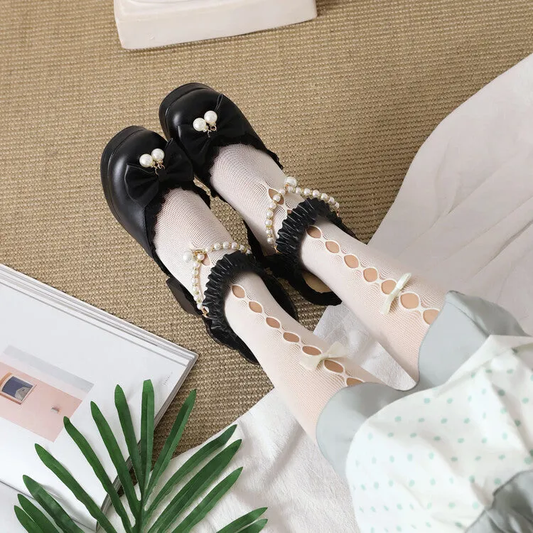 Women's Pearls Bow Tie Ankle Strap Block Heel Platform Sandals
