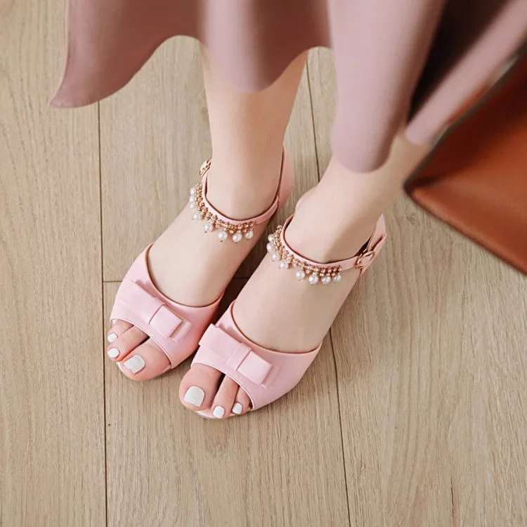 Women's Peep Toe Solid Color Butterfly Knot Pearls Ankle Strap Low Block Heels Sandals
