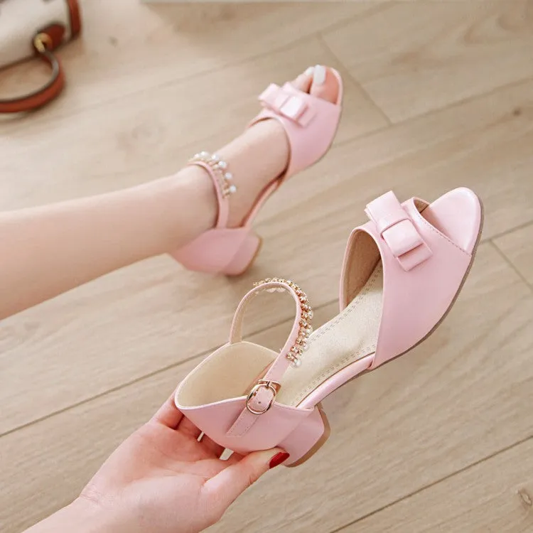 Women's Peep Toe Solid Color Butterfly Knot Pearls Ankle Strap Low Block Heels Sandals