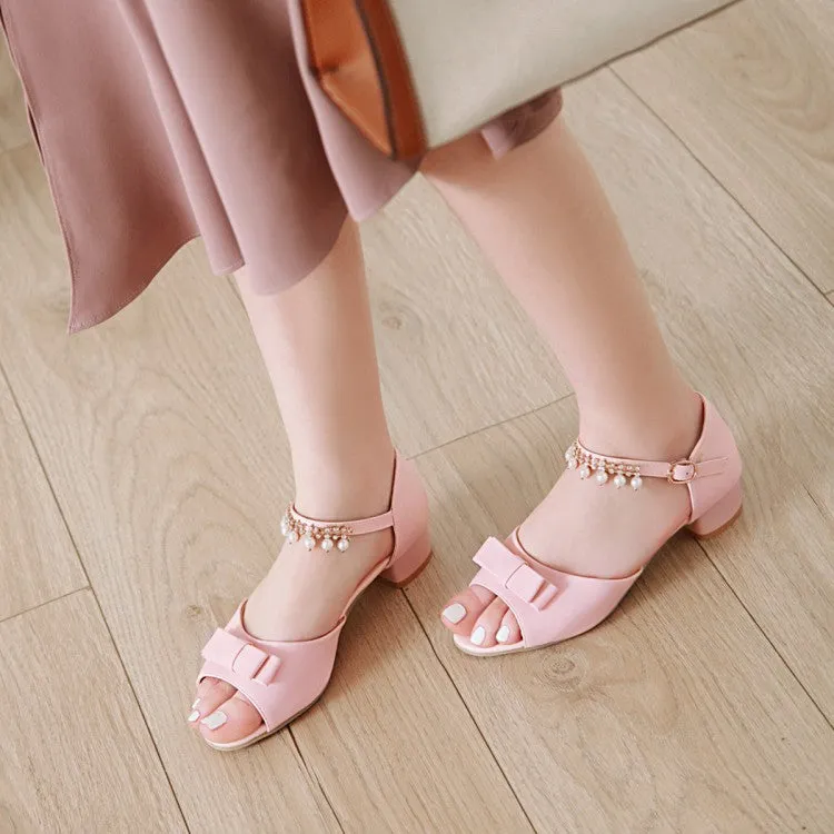 Women's Peep Toe Solid Color Butterfly Knot Pearls Ankle Strap Low Block Heels Sandals