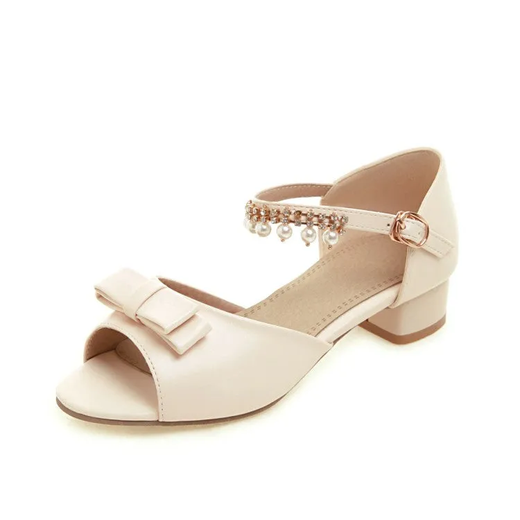 Women's Peep Toe Solid Color Butterfly Knot Pearls Ankle Strap Low Block Heels Sandals