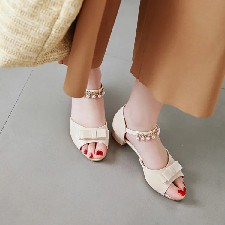 Women's Peep Toe Solid Color Butterfly Knot Pearls Ankle Strap Low Block Heels Sandals