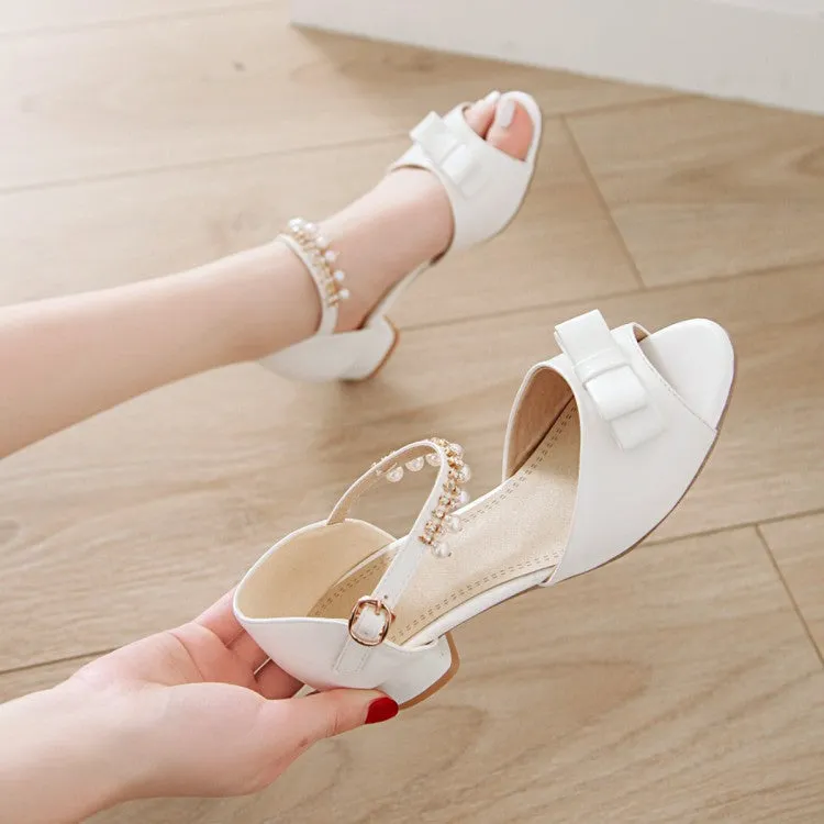 Women's Peep Toe Solid Color Butterfly Knot Pearls Ankle Strap Low Block Heels Sandals