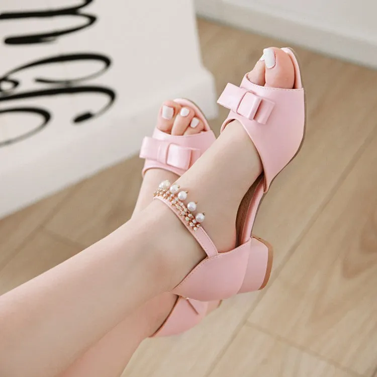 Women's Peep Toe Solid Color Butterfly Knot Pearls Ankle Strap Low Block Heels Sandals