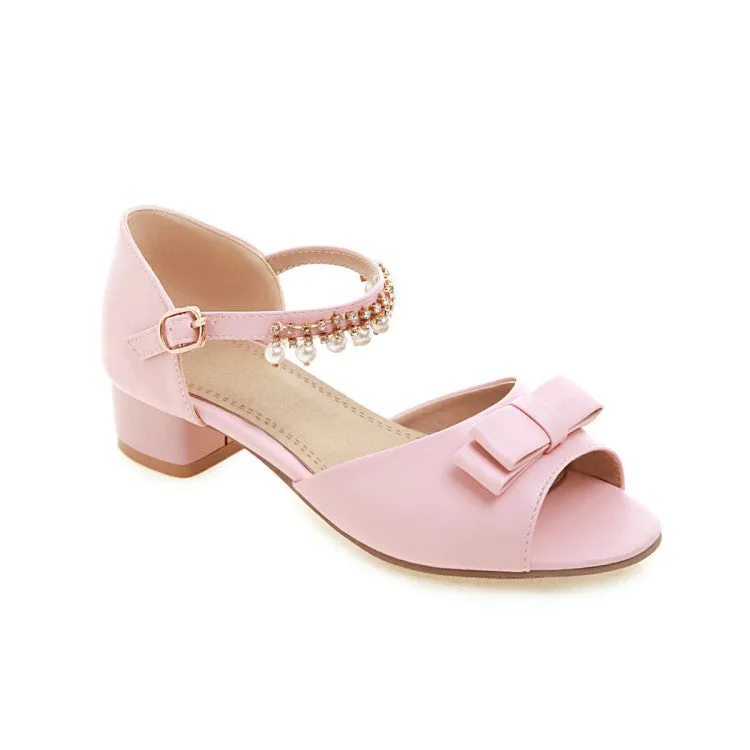 Women's Peep Toe Solid Color Butterfly Knot Pearls Ankle Strap Low Block Heels Sandals