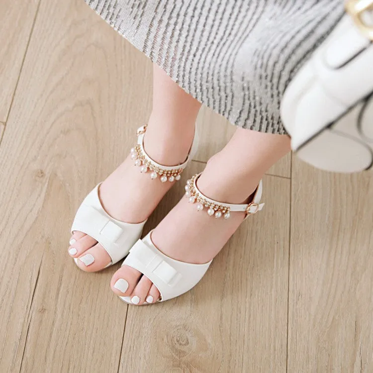 Women's Peep Toe Solid Color Butterfly Knot Pearls Ankle Strap Low Block Heels Sandals