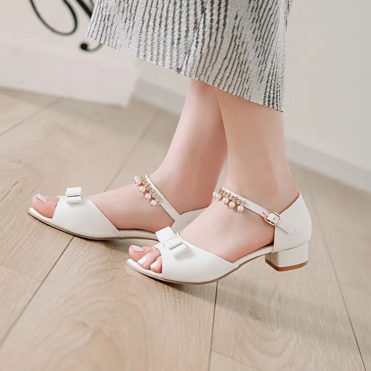Women's Peep Toe Solid Color Butterfly Knot Pearls Ankle Strap Low Block Heels Sandals