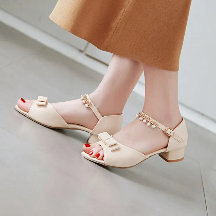 Women's Peep Toe Solid Color Butterfly Knot Pearls Ankle Strap Low Block Heels Sandals