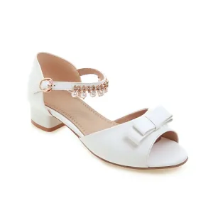 Women's Peep Toe Solid Color Butterfly Knot Pearls Ankle Strap Low Block Heels Sandals