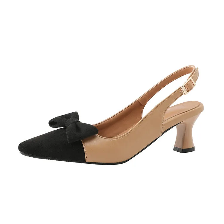 Women's Pointed Toe Bow Tie Shallow Slingbacks Heel Sandals