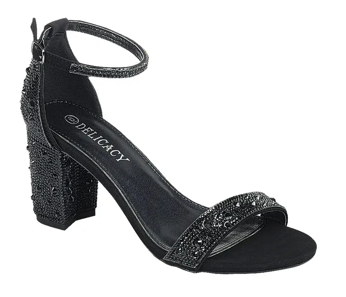 Women's Rhinestone Embellished Block Heel with Ankle Strap & Open Toe
