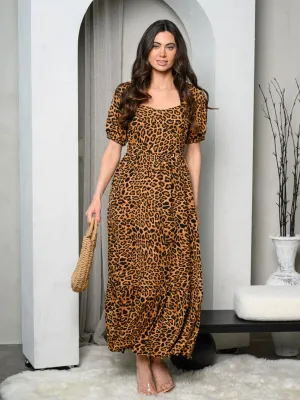 WOMEN'S SHORT SLEEVE WOVEN LEOPARD MAXI DRESS