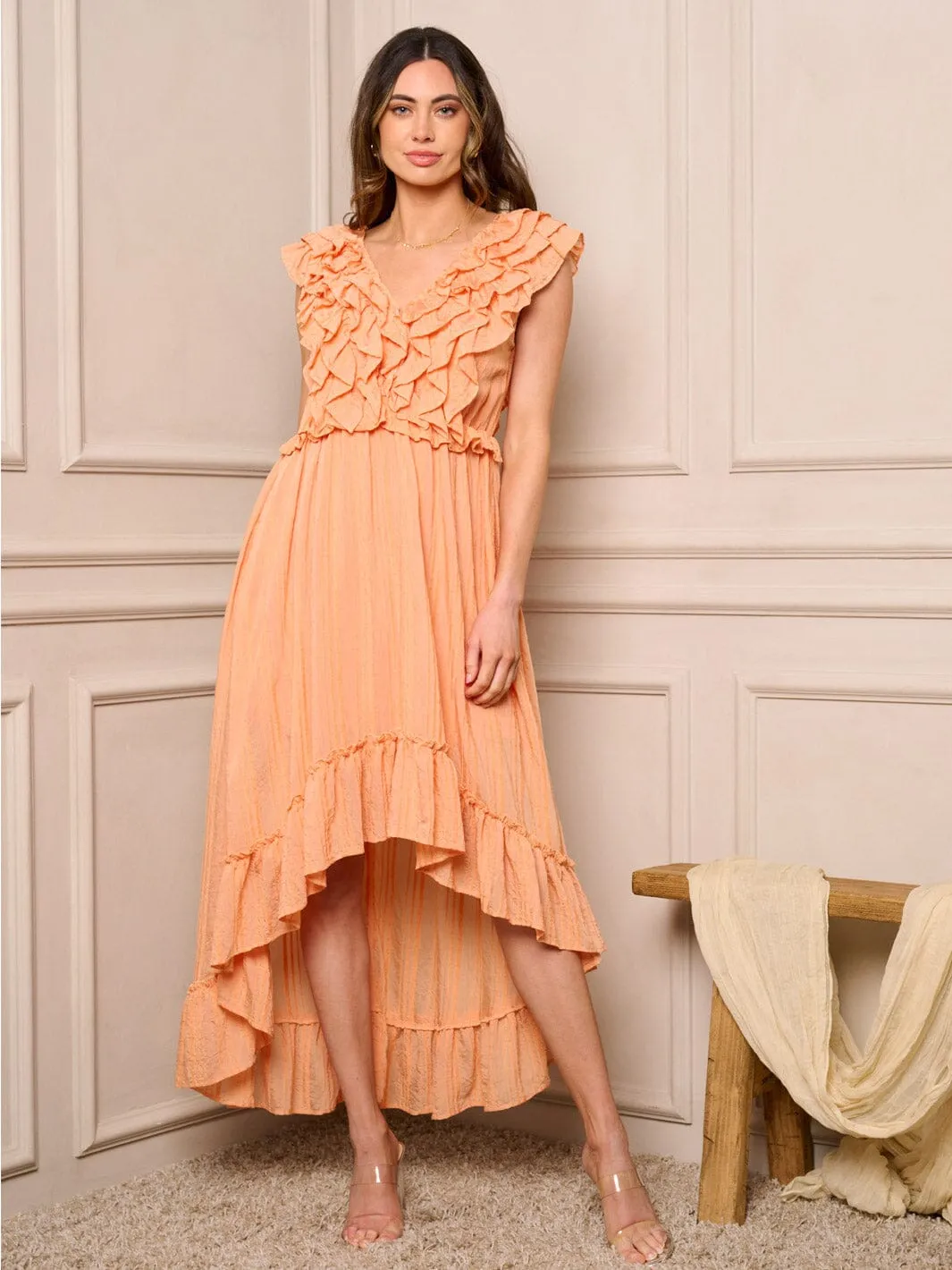 WOMEN'S SLEEVELESS RUFFLE HIGH-LOW MIDI DRESS