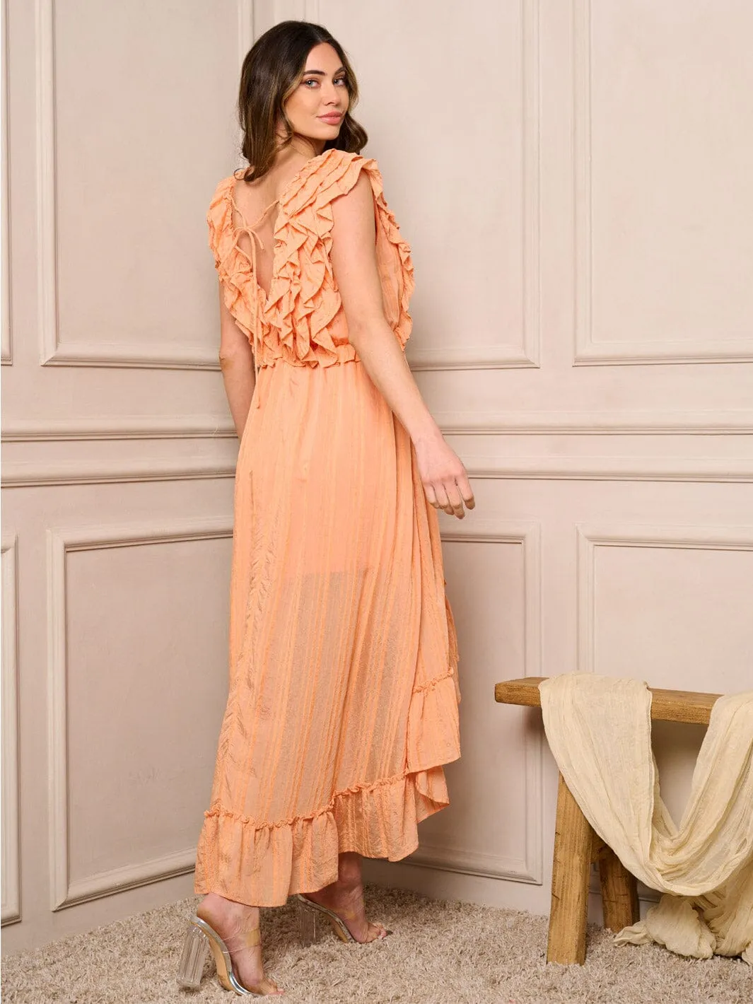 WOMEN'S SLEEVELESS RUFFLE HIGH-LOW MIDI DRESS