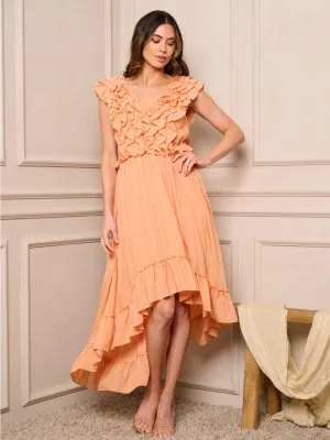 WOMEN'S SLEEVELESS RUFFLE HIGH-LOW MIDI DRESS