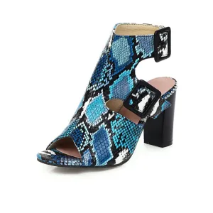 Women's Snake Printed Buckle Straps Block Chunky Heel Sandals