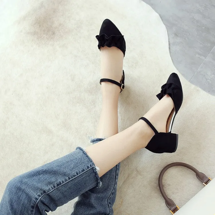 Women's Solid Color Ruffles Ankle Wrap Pointed Toe Block Heel Sandals