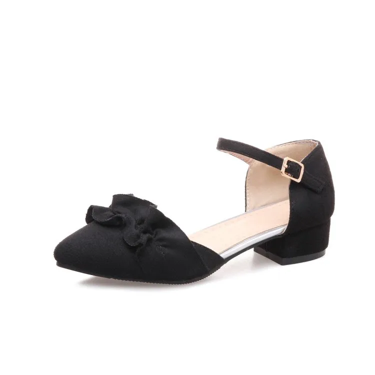 Women's Solid Color Ruffles Ankle Wrap Pointed Toe Block Heel Sandals