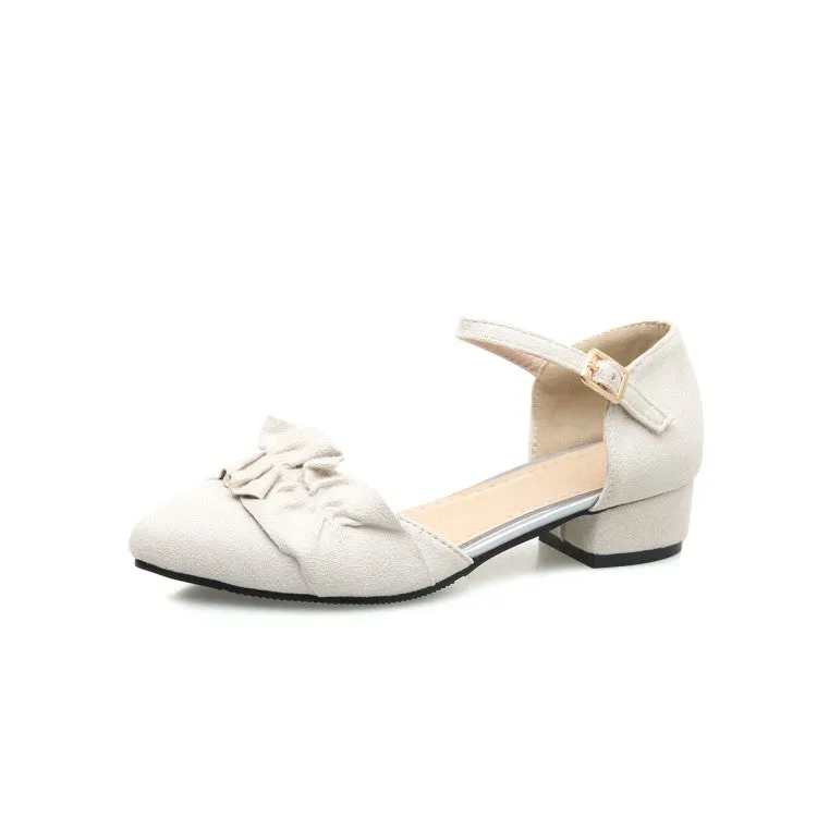 Women's Solid Color Ruffles Ankle Wrap Pointed Toe Block Heel Sandals