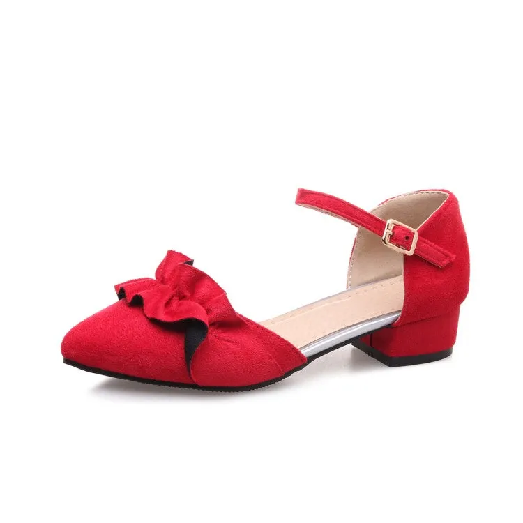 Women's Solid Color Ruffles Ankle Wrap Pointed Toe Block Heel Sandals