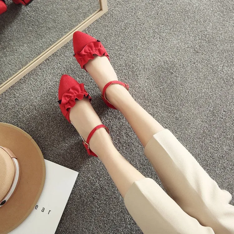Women's Solid Color Ruffles Ankle Wrap Pointed Toe Block Heel Sandals