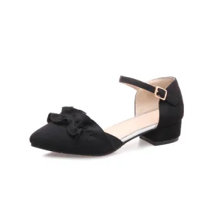Women's Solid Color Ruffles Ankle Wrap Pointed Toe Block Heel Sandals