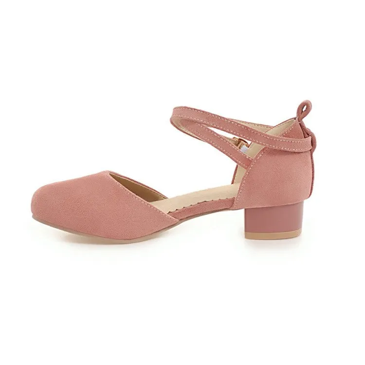 Women's Solid Color Suede Hollow Out Ankle Wrap Low Block Heels Sandals