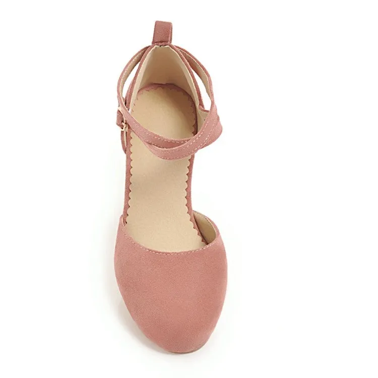 Women's Solid Color Suede Hollow Out Ankle Wrap Low Block Heels Sandals