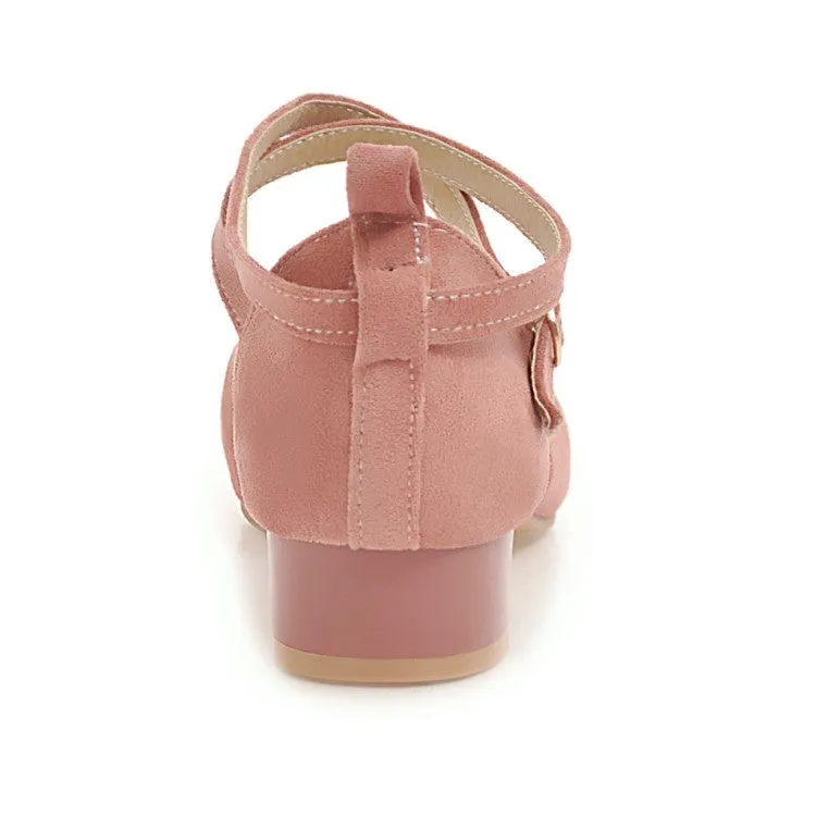 Women's Solid Color Suede Hollow Out Ankle Wrap Low Block Heels Sandals