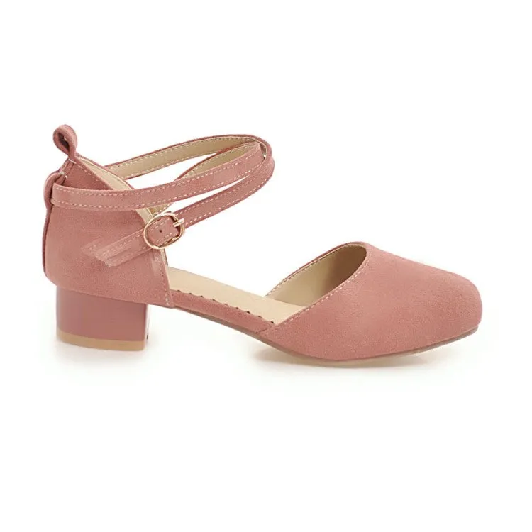 Women's Solid Color Suede Hollow Out Ankle Wrap Low Block Heels Sandals