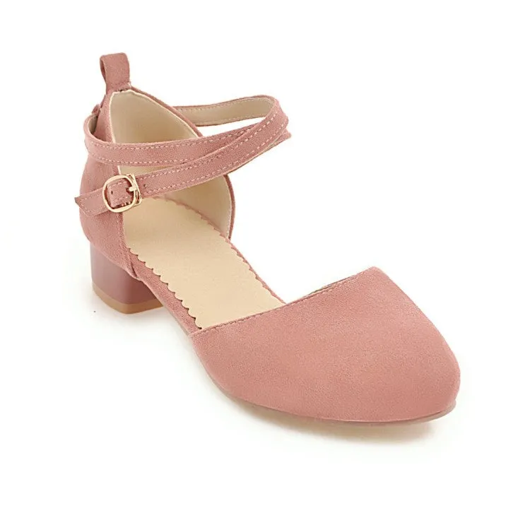 Women's Solid Color Suede Hollow Out Ankle Wrap Low Block Heels Sandals