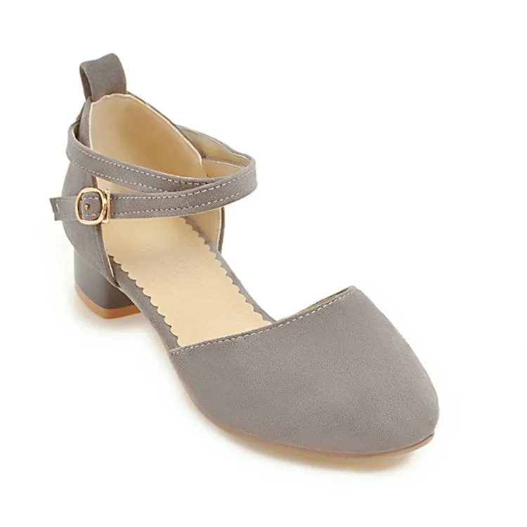 Women's Solid Color Suede Hollow Out Ankle Wrap Low Block Heels Sandals