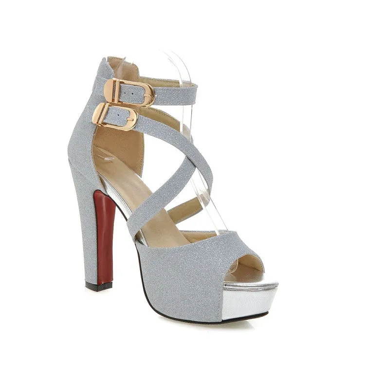 Women's Sparkling Peep Toe Double Ankle Strap Metal Buckle Platform Chunky Heel Sandals