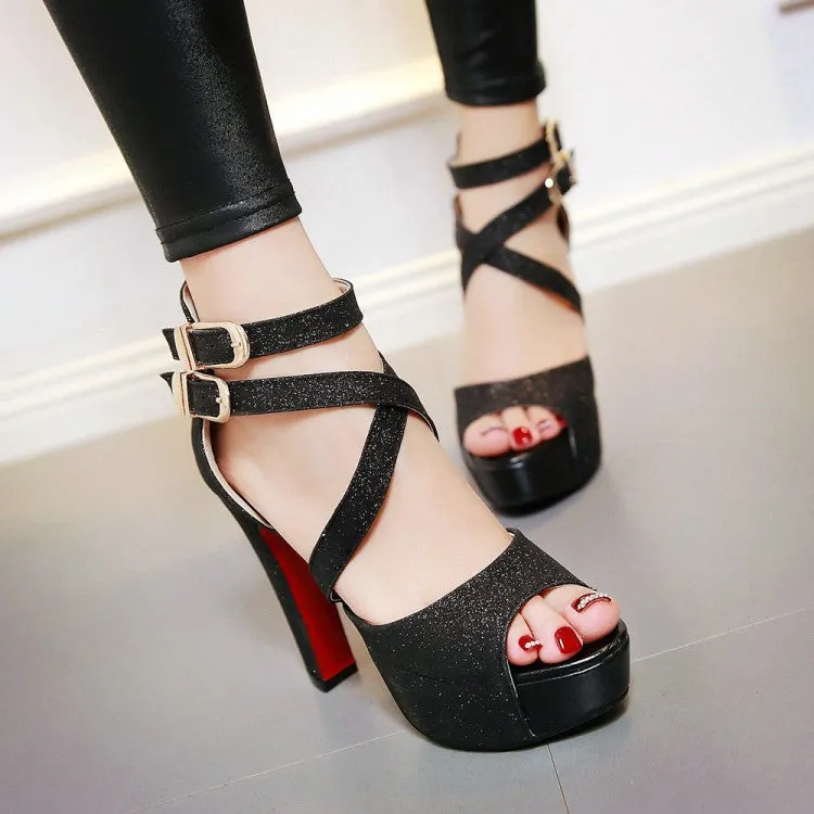 Women's Sparkling Peep Toe Double Ankle Strap Metal Buckle Platform Chunky Heel Sandals