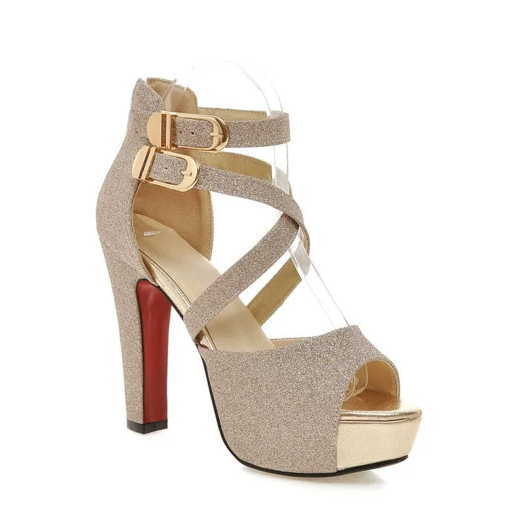 Women's Sparkling Peep Toe Double Ankle Strap Metal Buckle Platform Chunky Heel Sandals