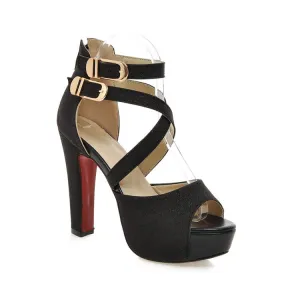 Women's Sparkling Peep Toe Double Ankle Strap Metal Buckle Platform Chunky Heel Sandals