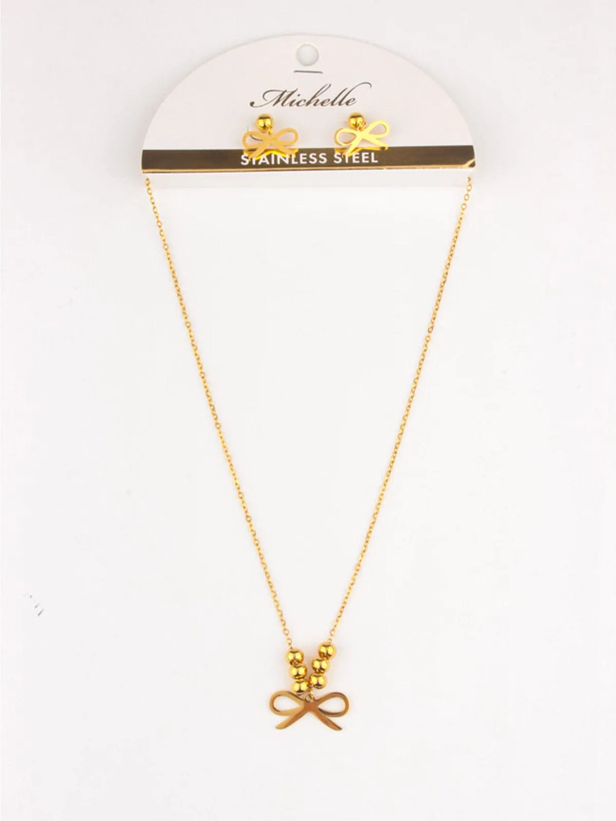 WOMEN'S STAINLESS STEEL GOLD BOW EARRINGS & NECKLACE SET