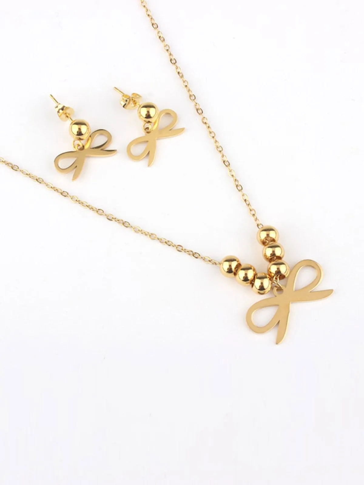 WOMEN'S STAINLESS STEEL GOLD BOW EARRINGS & NECKLACE SET