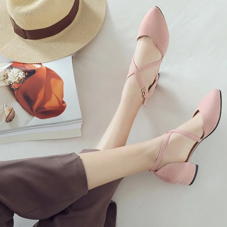 Women's Suede Pointed Toe Hollow Out Block Heel Sandals