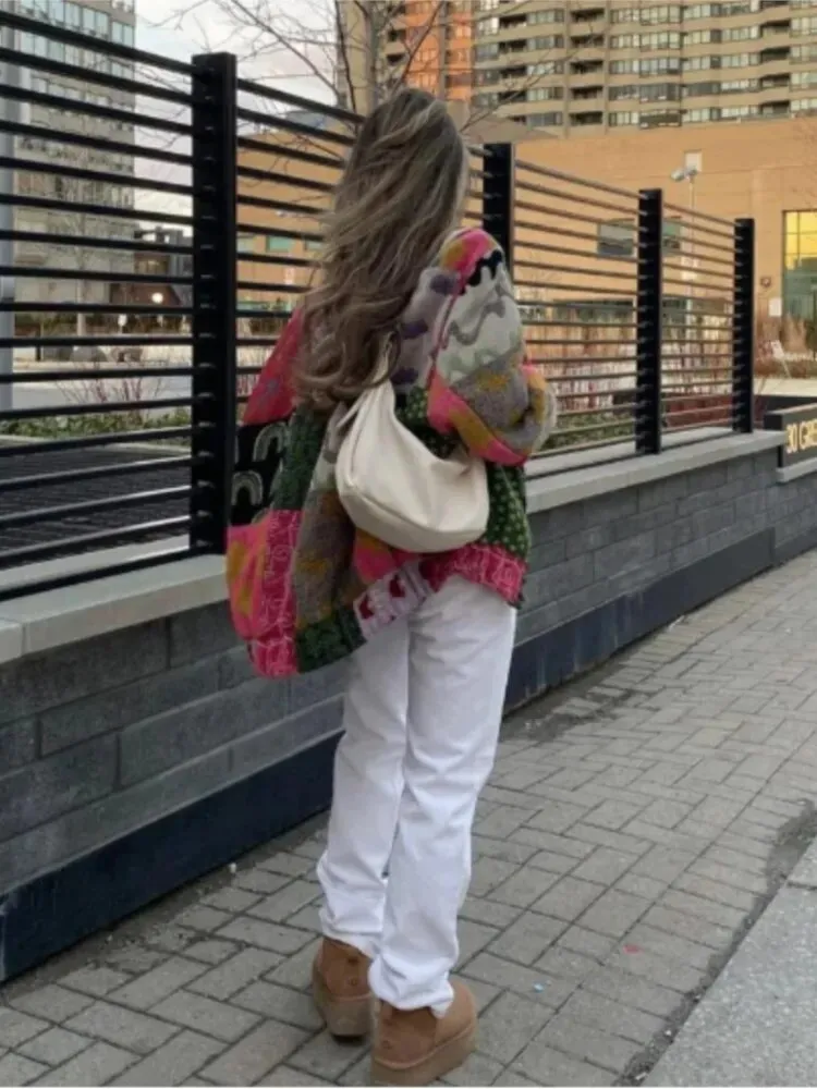 Women's Vintage Print Quilted Patchwork Jacket Autumn Winter Loose Boho Quilted Coat Jacket