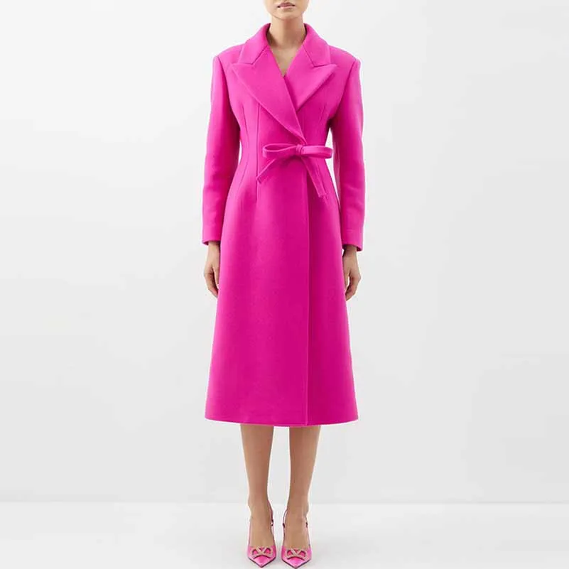 Women's Winter Autumn Bow Details Long Warm Hot Pink Coat